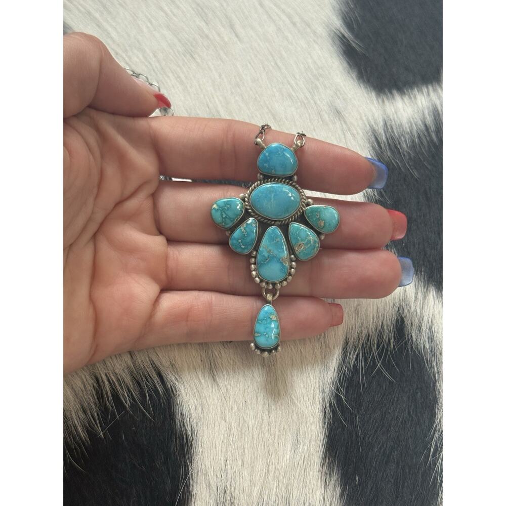 Native American SW Sterling Silver Blue Ridge Turquoise Cluster Blossom Necklace - Picture 3 of 9